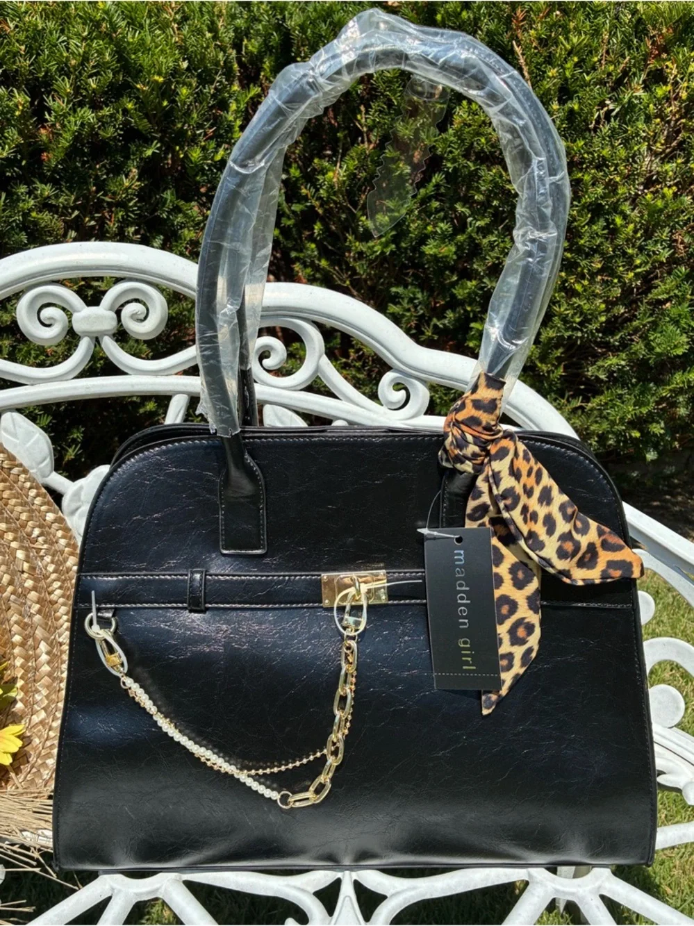 NWT! Madden Girl Large Black Structured Satchel with Gold Chain & Leopard Scarf